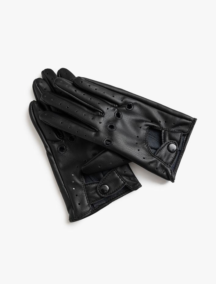 Kadın Eldiven Suni Deri Pencere Detaylı Çıtçıt Düğmeli