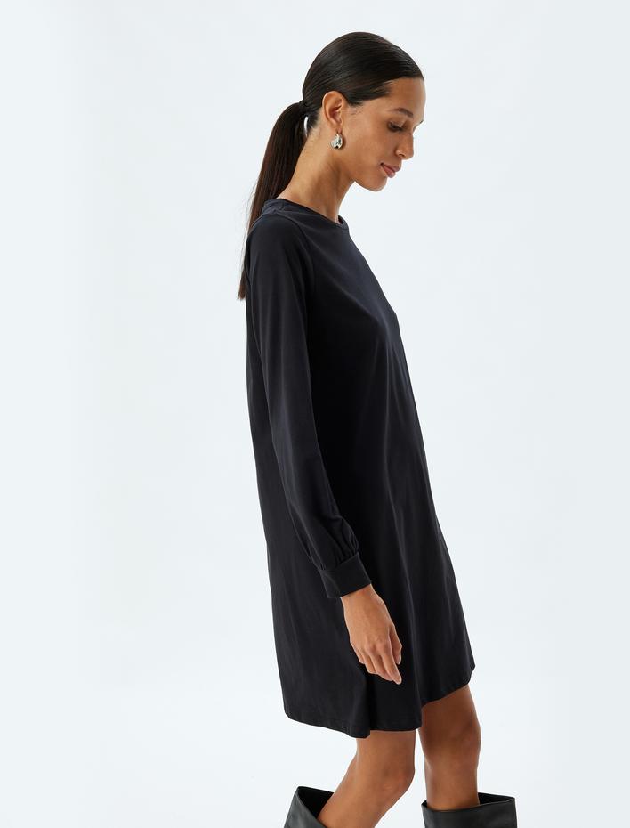  Mini Elbise Manşetli Uzun Kollu Yuvarlak Yaka Pamuklu