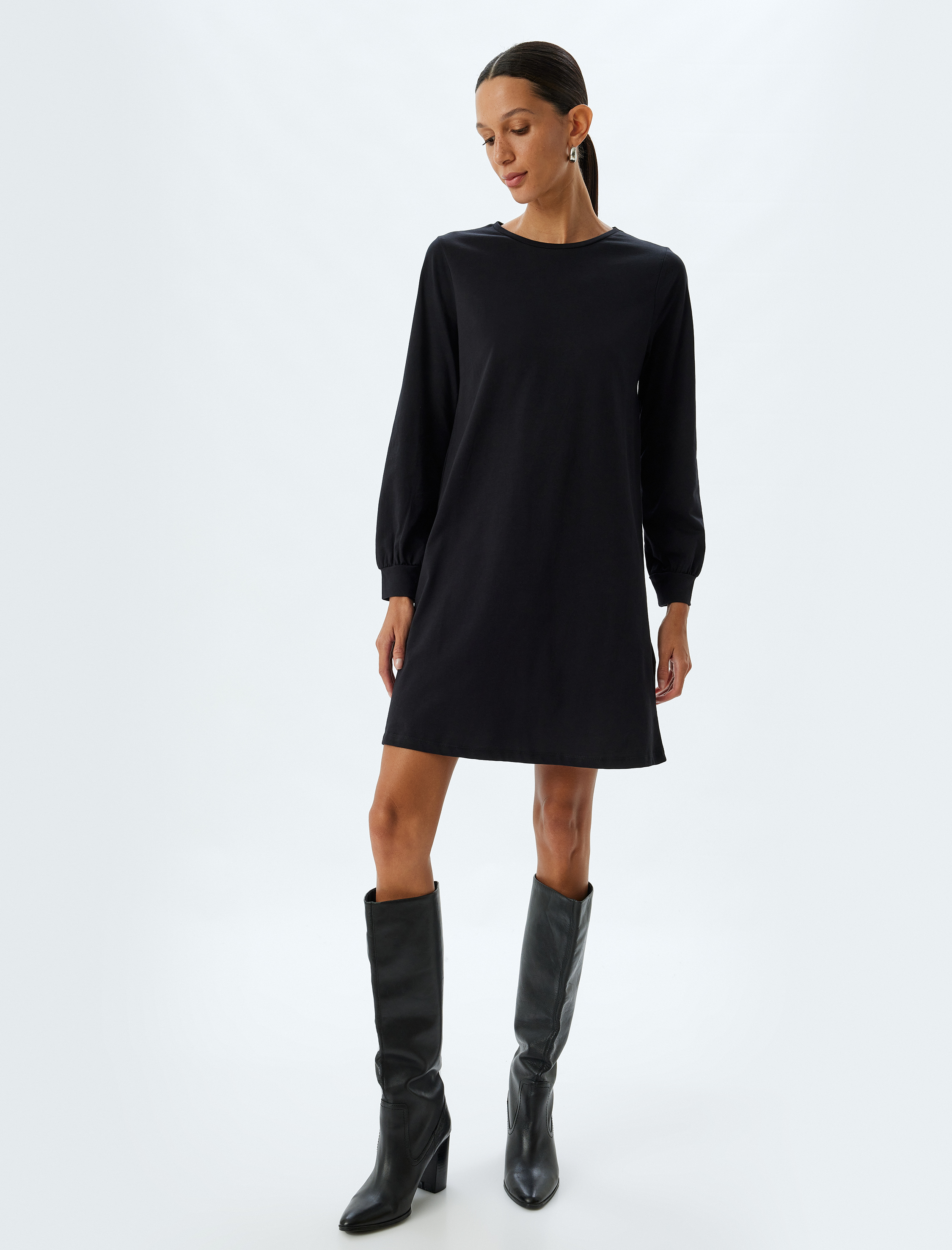 Mini Elbise Manşetli Uzun Kollu Yuvarlak Yaka Pamuklu