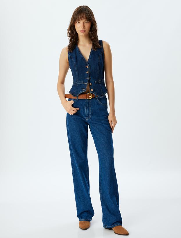Yüksek Bel Kot Pantolon Düz Paça Düğmeli Pamuklu - Straight Fit Jean_0