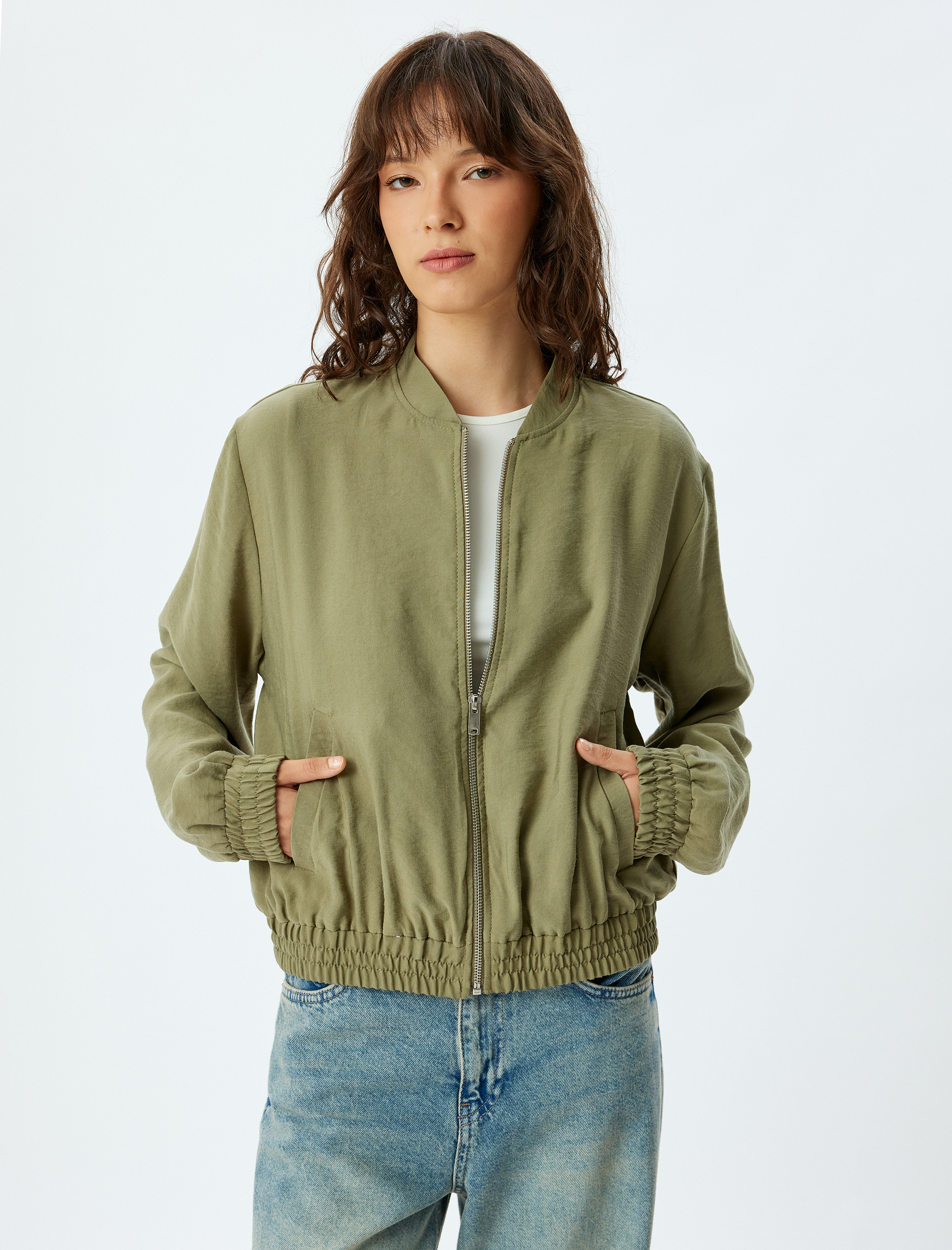 Kolej Bomber Ceket Modal Kumaş Cepli Yuvarlak Yaka