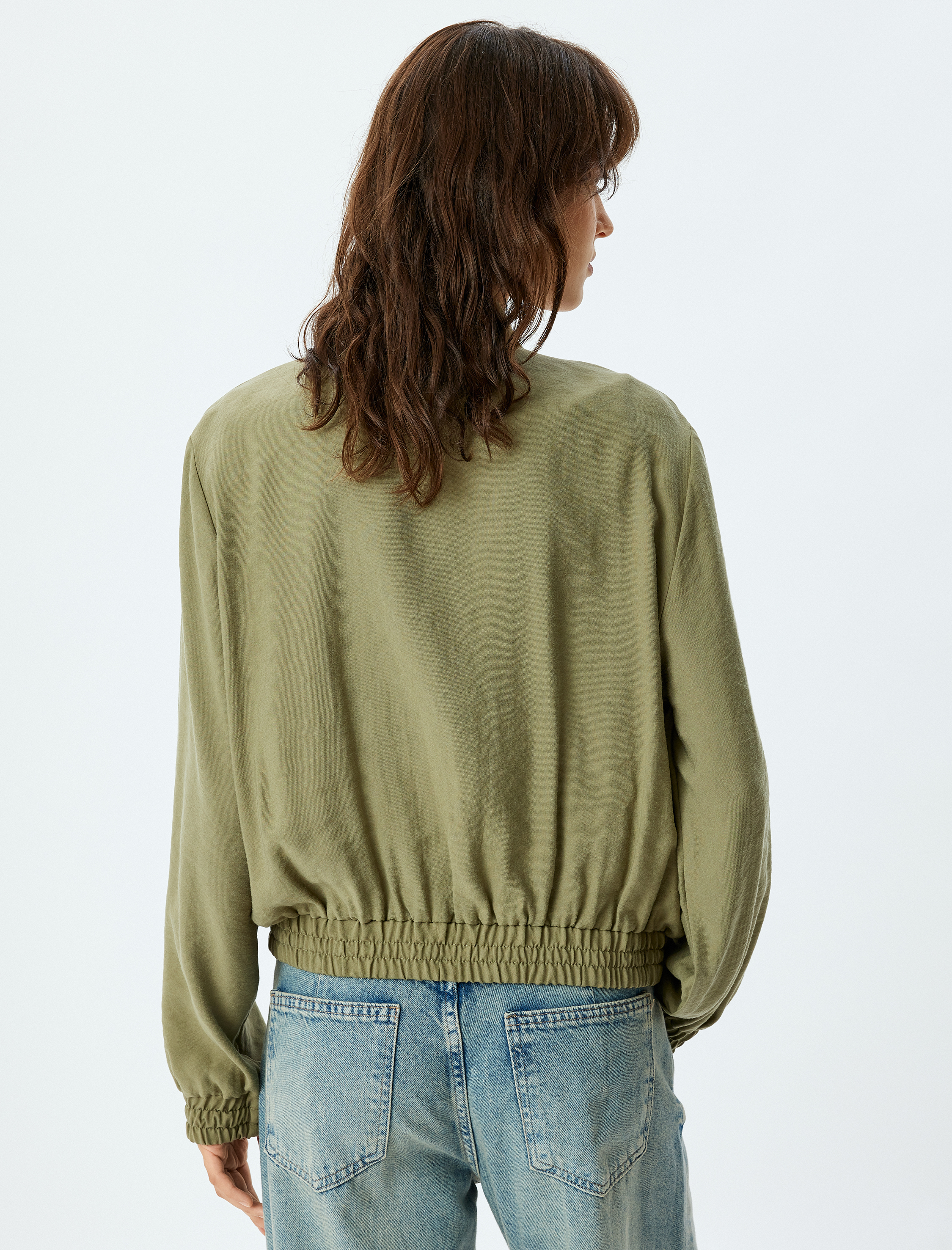 Kolej Bomber Ceket Modal Kumaş Cepli Yuvarlak Yaka