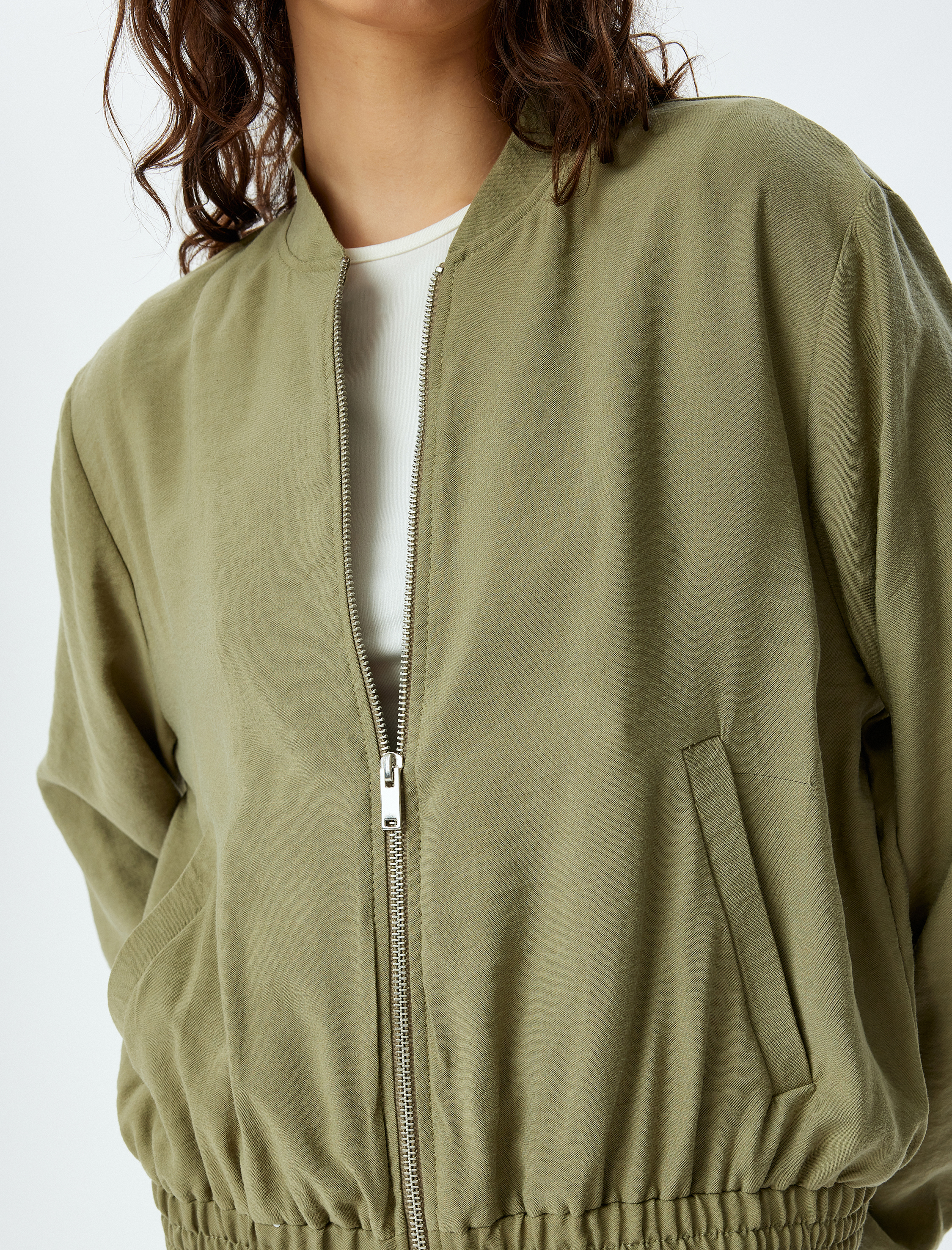 Kolej Bomber Ceket Modal Kumaş Cepli Yuvarlak Yaka