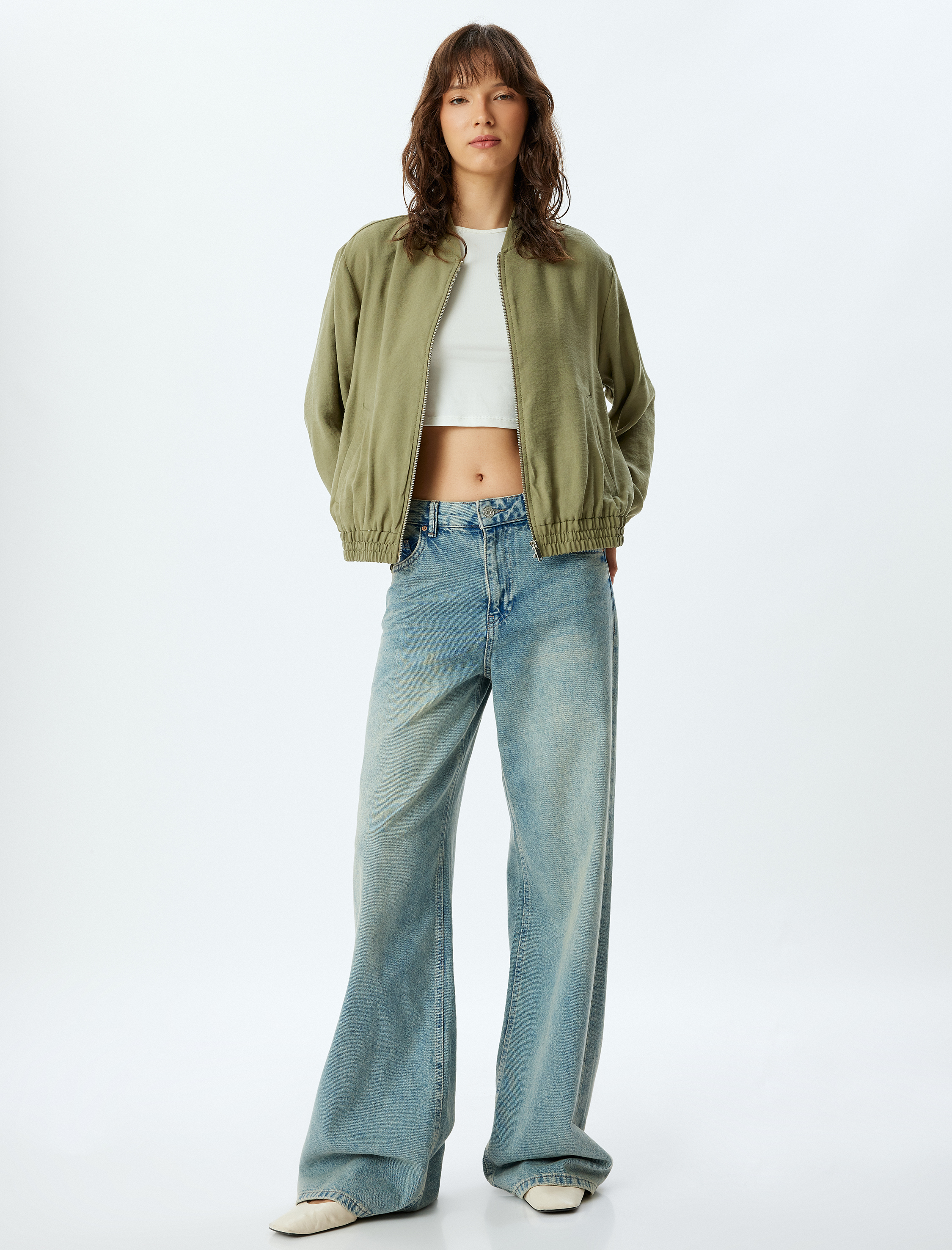 Kolej Bomber Ceket Modal Kumaş Cepli Yuvarlak Yaka