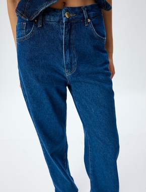 Yüksek Bel Kot Pantolon Düz Paça Düğmeli Pamuklu - Straight Fit Jean_4