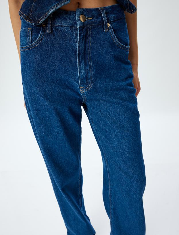 Yüksek Bel Kot Pantolon Düz Paça Düğmeli Pamuklu - Straight Fit Jean_4