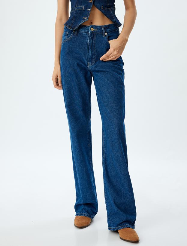 Yüksek Bel Kot Pantolon Düz Paça Düğmeli Pamuklu - Straight Fit Jean_2