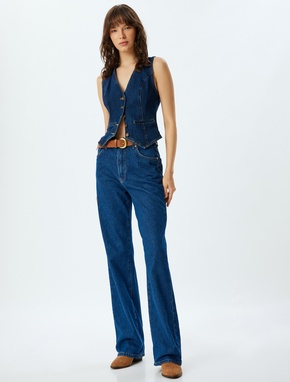 Yüksek Bel Kot Pantolon Düz Paça Düğmeli Pamuklu - Straight Fit Jean_1