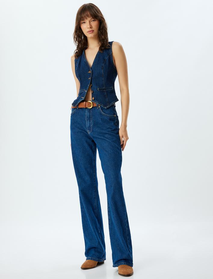  Yüksek Bel Kot Pantolon Düz Paça Düğmeli Pamuklu - Straight Fit Jean