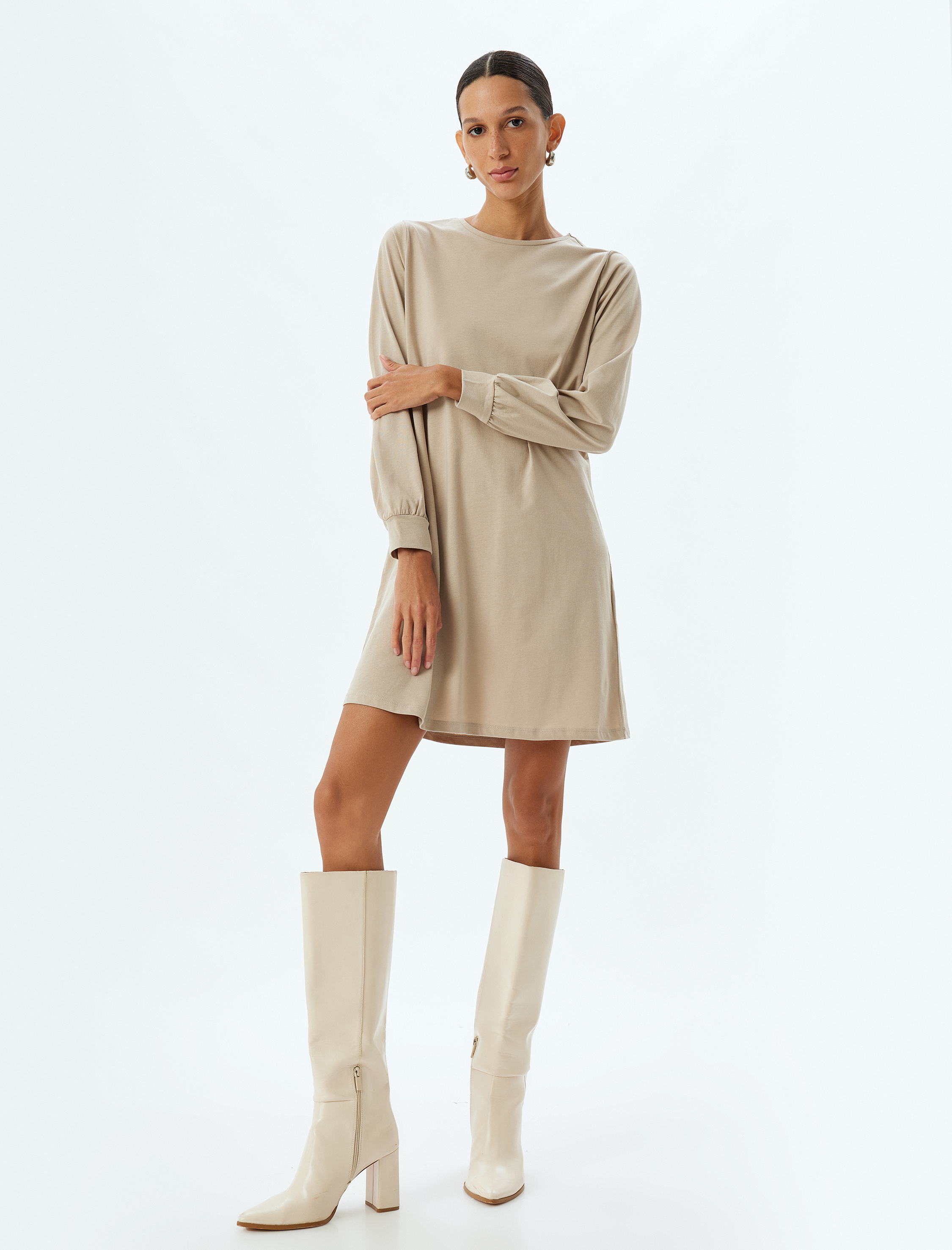 Mini Elbise Manşetli Uzun Kollu Yuvarlak Yaka Pamuklu