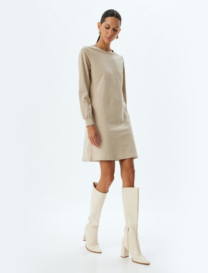  Mini Elbise Manşetli Uzun Kollu Yuvarlak Yaka Pamuklu