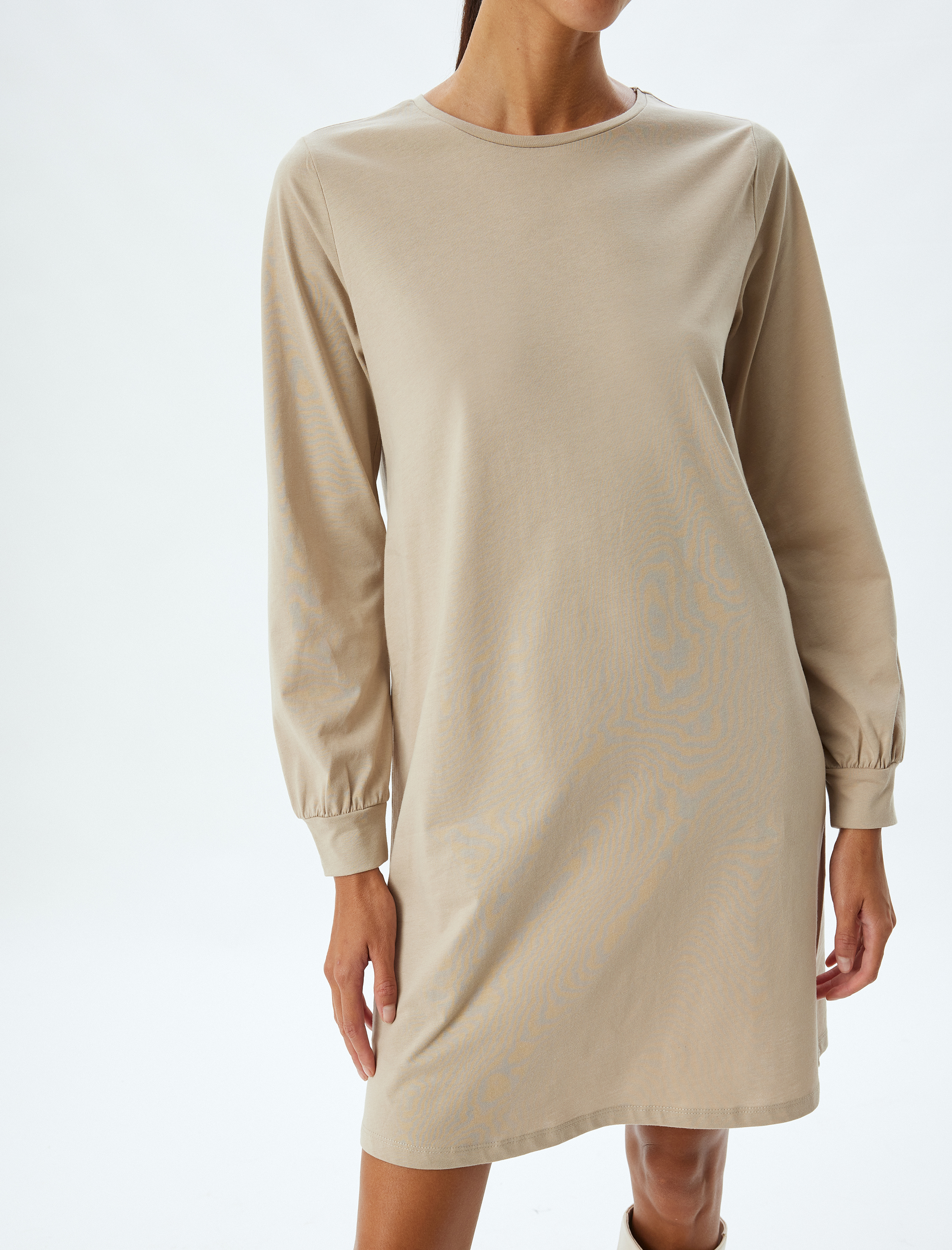 Mini Elbise Manşetli Uzun Kollu Yuvarlak Yaka Pamuklu