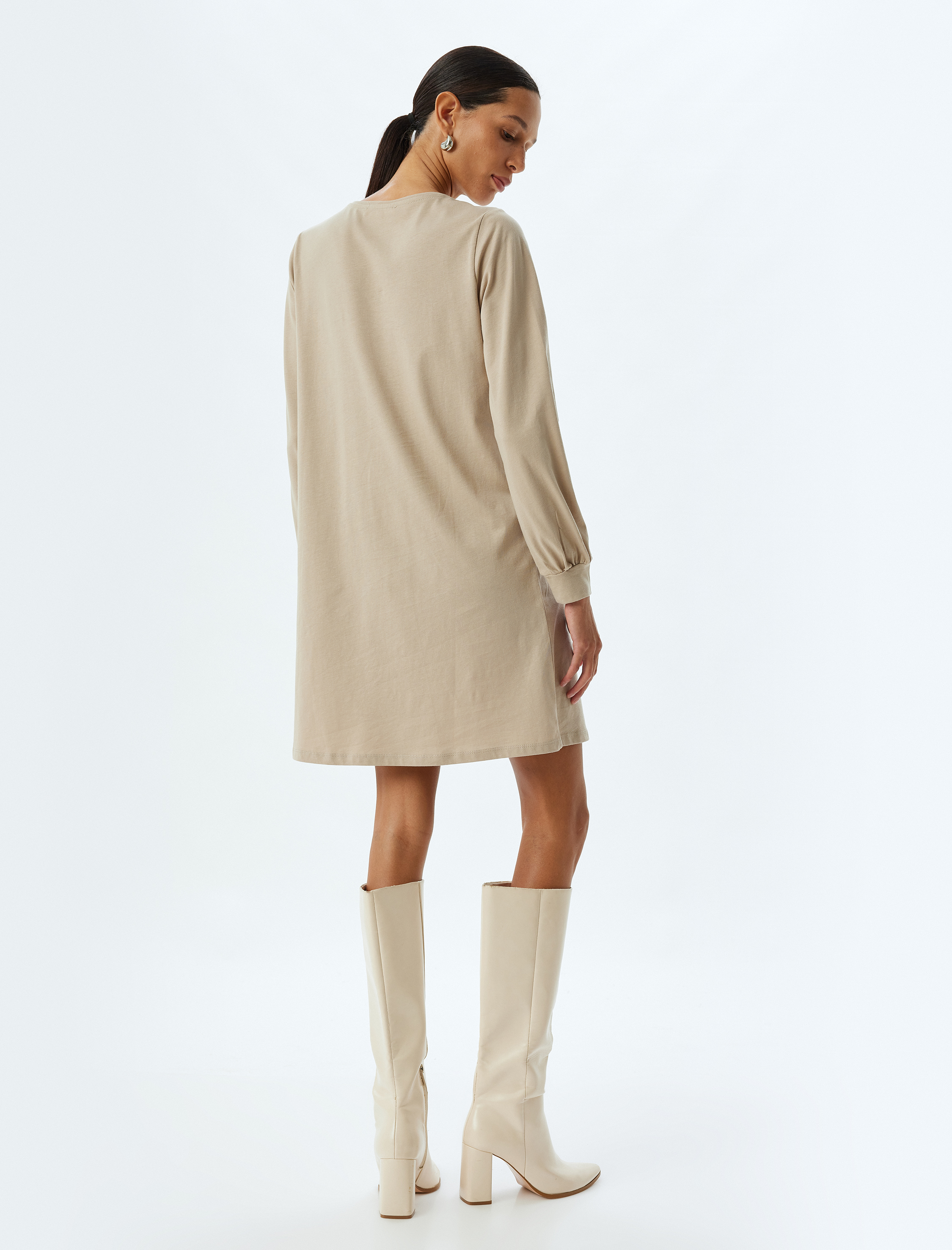 Mini Elbise Manşetli Uzun Kollu Yuvarlak Yaka Pamuklu