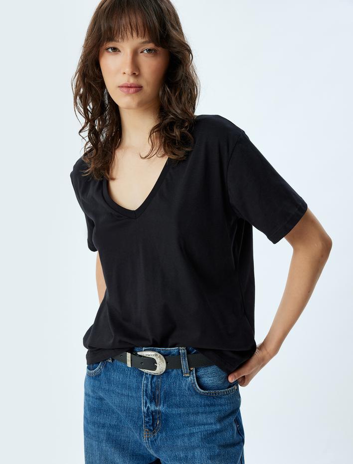  Basic V Yaka Tişört Kısa Kollu Pamuklu Regular Fit