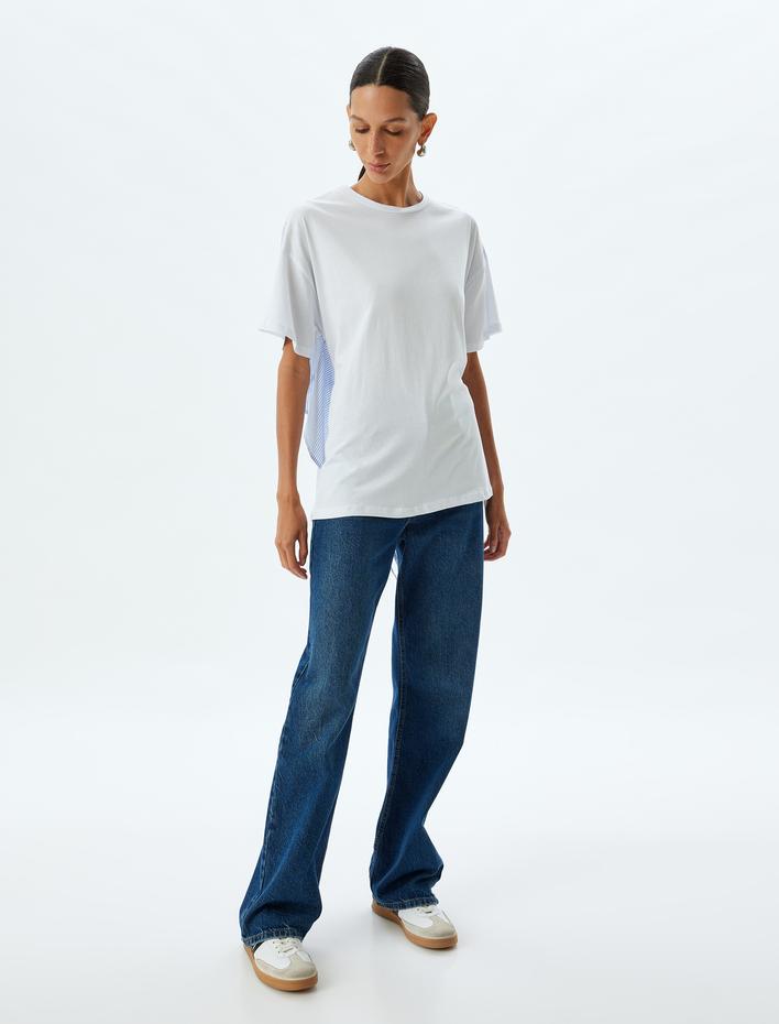  Rahat Kalıp Pamuklu Bisiklet Yaka Asimetrik Kısa Kollu Tişört