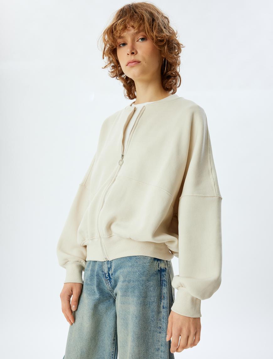   Oversize Fermuarlı Sweatshirt Dikiş Detaylı Bisiklet Yaka