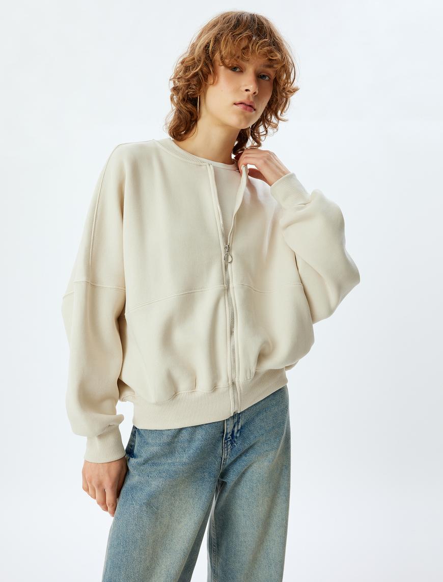   Şardonlu Oversize Fermuarlı Dikiş Detaylı Sweatshirt