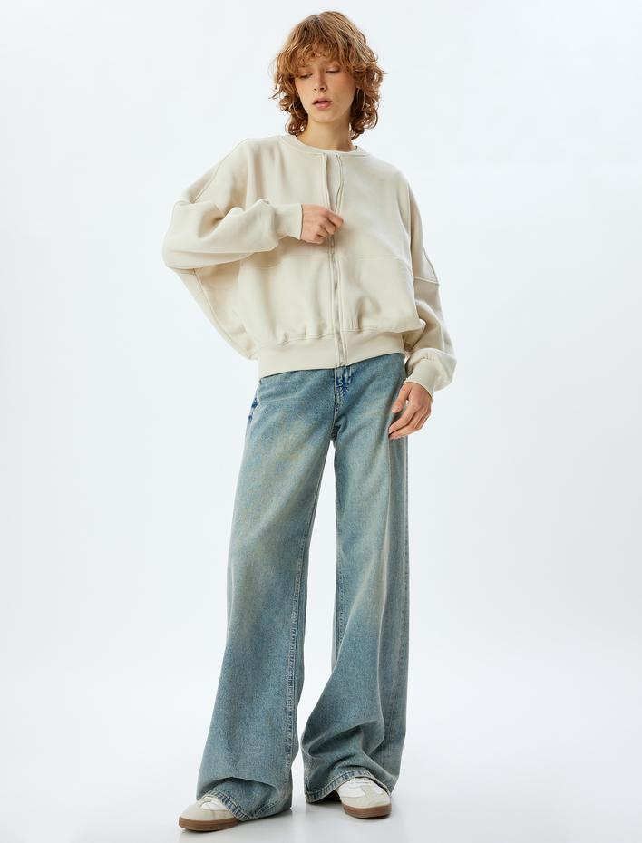  Şardonlu Oversize Fermuarlı Dikiş Detaylı Sweatshirt