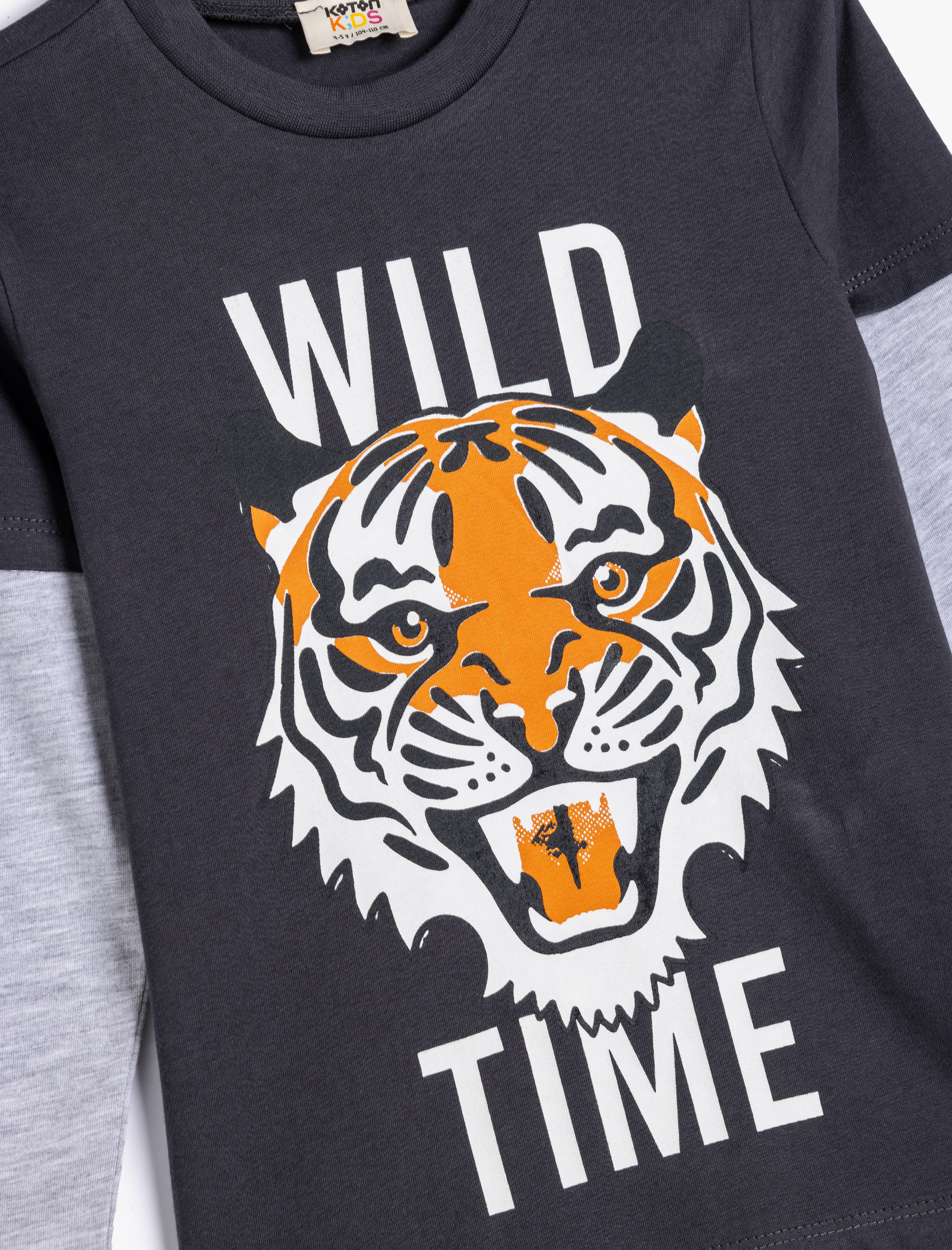  Erkek Çocuk Kaplan Baskılı Bisiklet Yaka Pamuklu Uzun Kollu Tişört