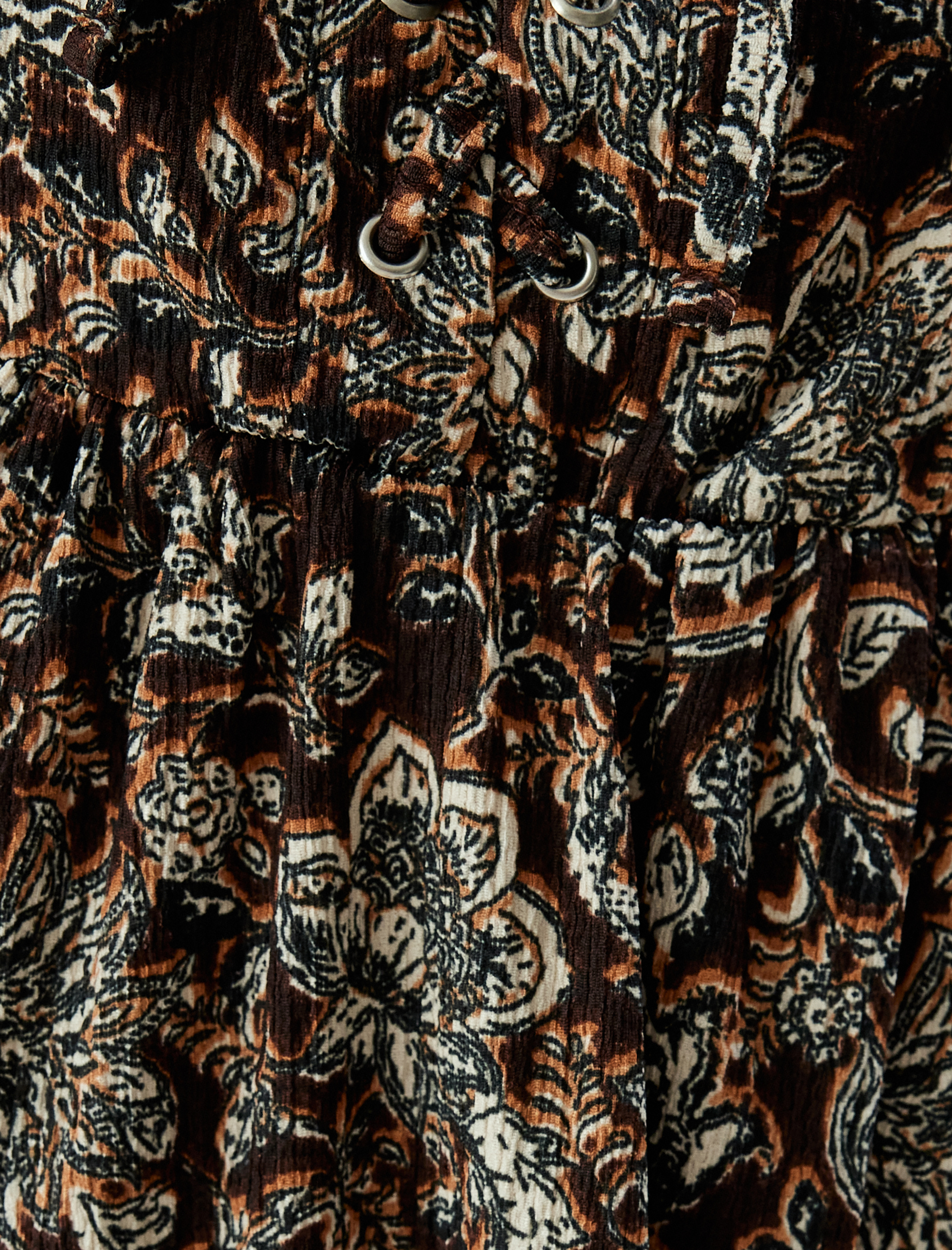   Balon Kol Elbise Mini Etnik Desenli Volanlı Bağcıklı Kare Yaka Bürümcük