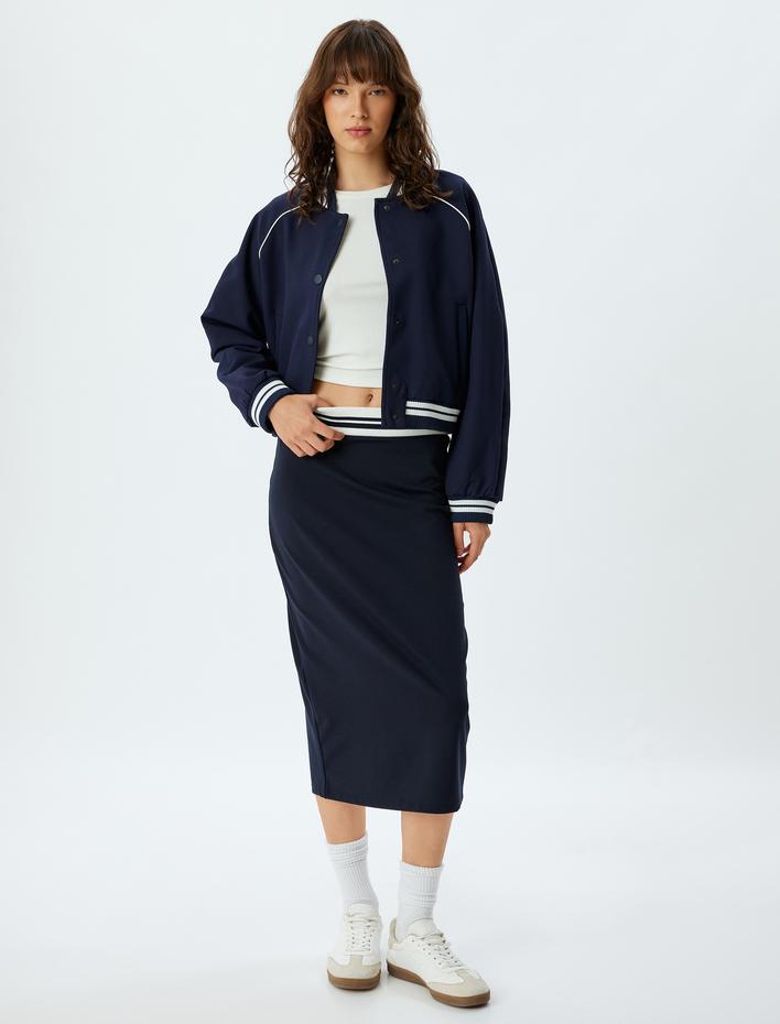  Kontrast Detaylı Beli Lastikli Yırtmaçlı Midi Boy Kalem Etek