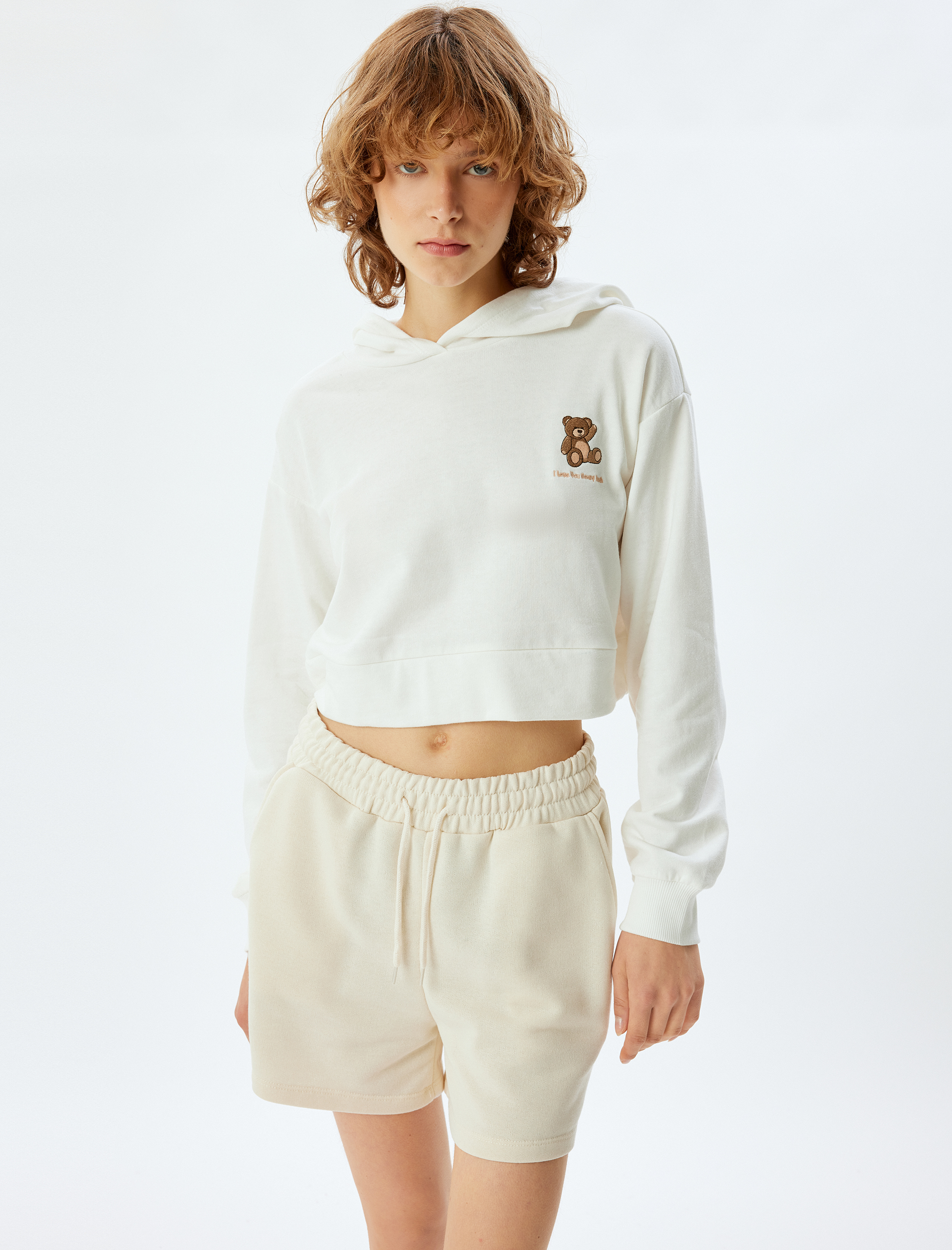 Kapüşonlu Crop Sweatshirt Pijama Üstü Ayıcık İşlemeli Pamuklu İki İplik Şardonlu