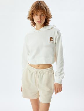 Kapüşonlu Crop Sweatshirt Pijama Üstü Ayıcık İşlemeli Pamuklu Üç İplik_2