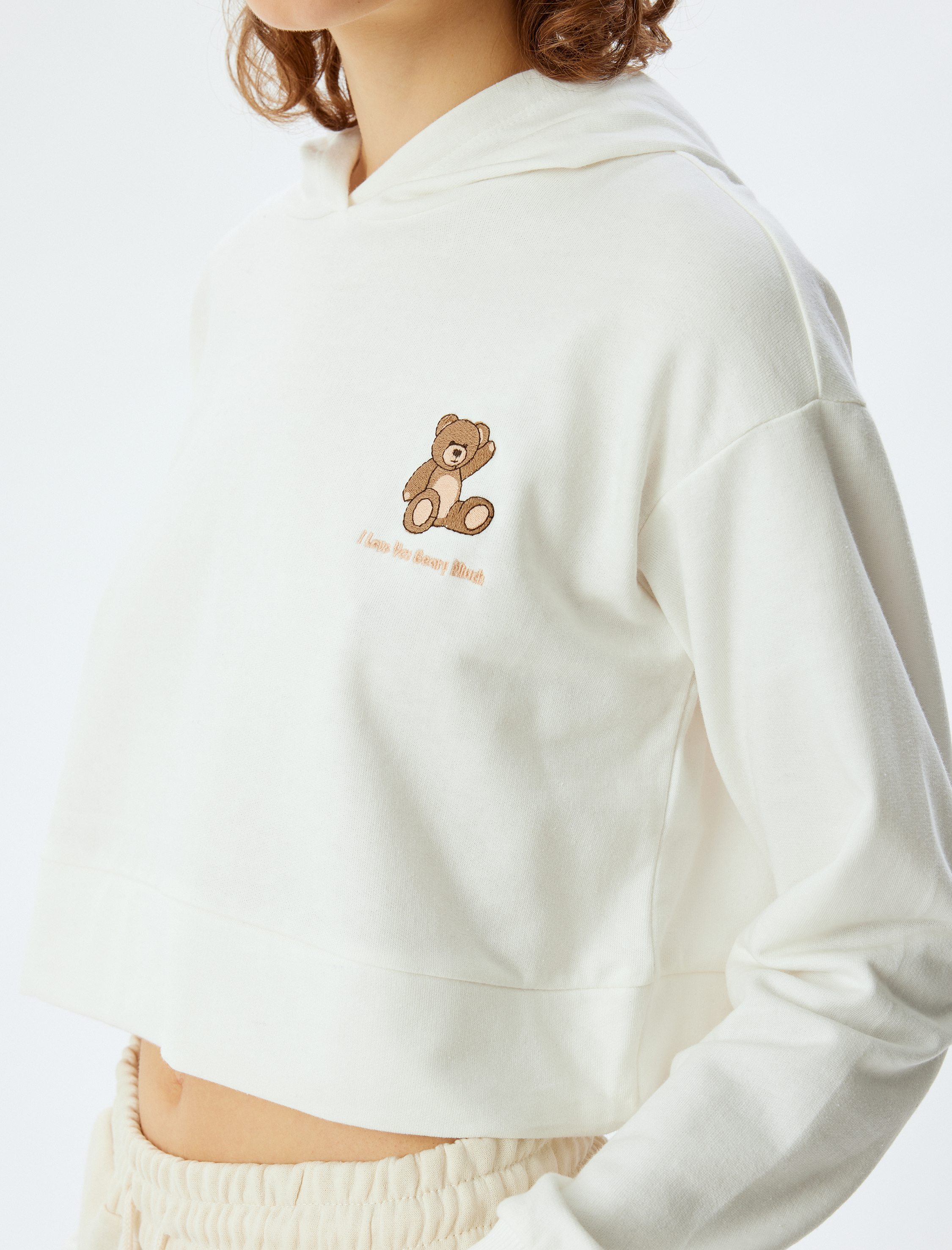 Kapüşonlu Crop Sweatshirt Pijama Üstü Ayıcık İşlemeli Pamuklu İki İplik Şardonlu