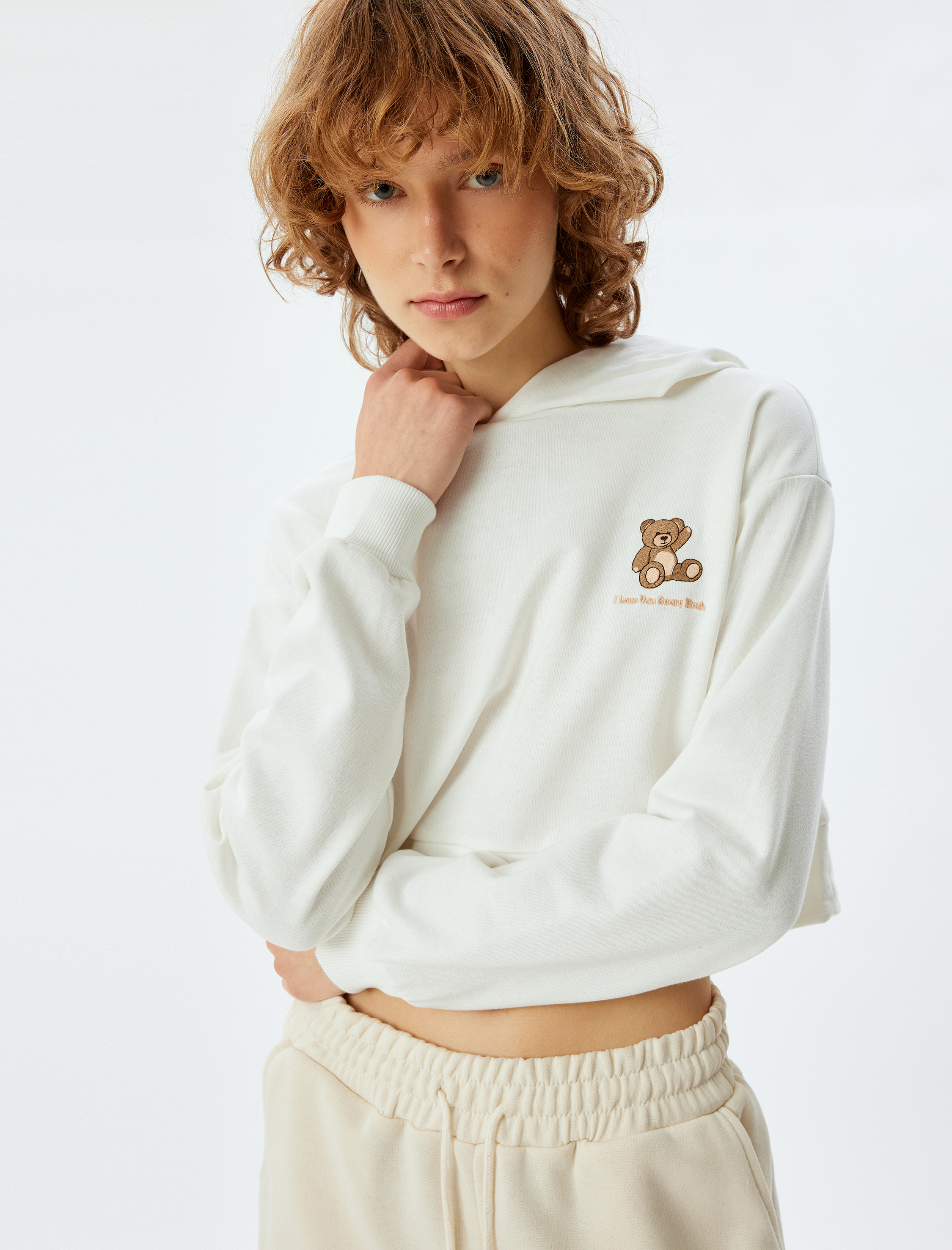 Kapüşonlu Crop Sweatshirt Pijama Üstü Ayıcık İşlemeli Pamuklu İki İplik Şardonlu