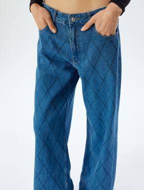 Geniş Paça Kot Pantolon Standart Bel Taşlı Düğmeli Cepli - Wide Leg Jean_4