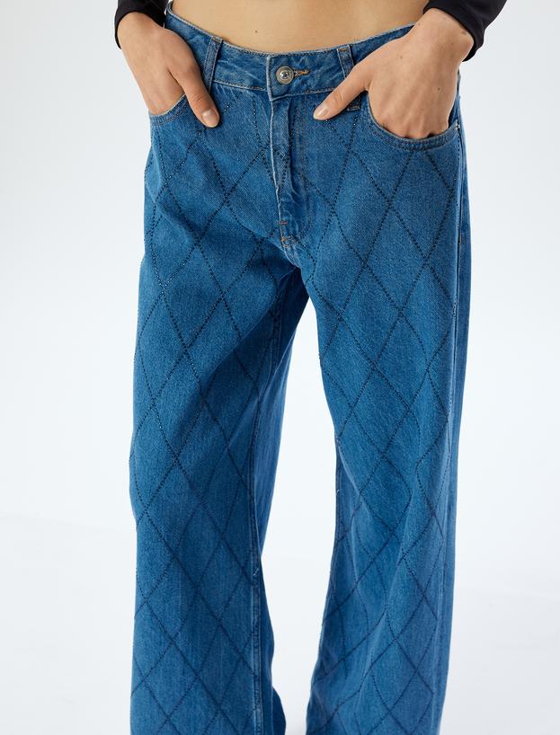 Geniş Paça Kot Pantolon Standart Bel Taşlı Düğmeli Cepli - Wide Leg Jean_4