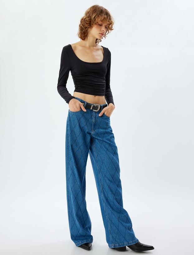 Geniş Paça Kot Pantolon Standart Bel Taşlı Düğmeli Cepli - Wide Leg Jean_1