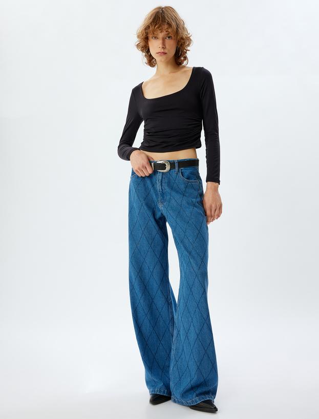 Geniş Paça Kot Pantolon Standart Bel Taşlı Düğmeli Cepli - Wide Leg Jean_0