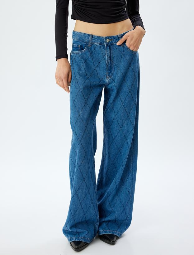 Geniş Paça Kot Pantolon Standart Bel Taşlı Düğmeli Cepli - Wide Leg Jean_2