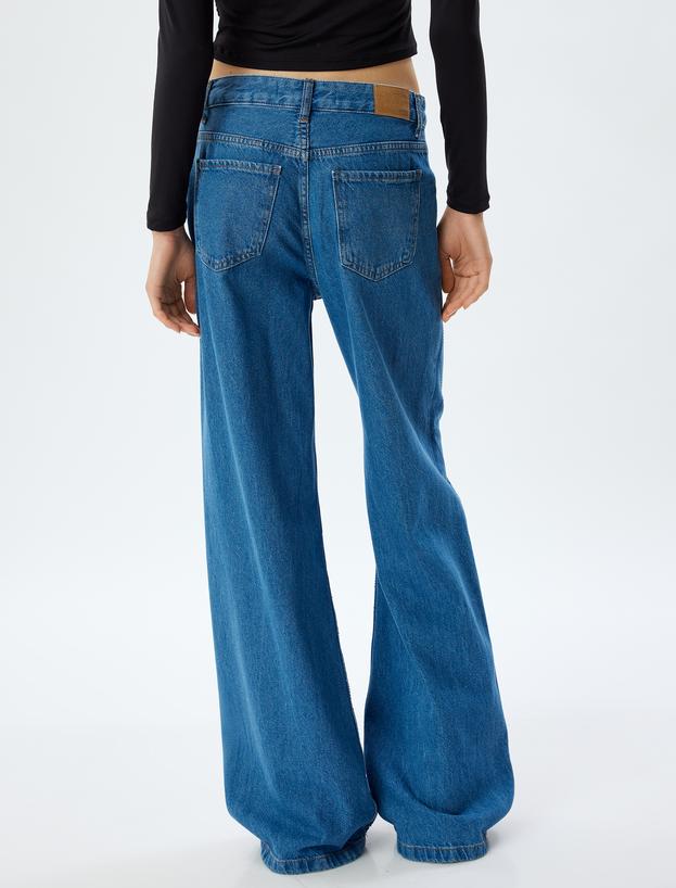 Geniş Paça Kot Pantolon Standart Bel Taşlı Düğmeli Cepli - Wide Leg Jean_3