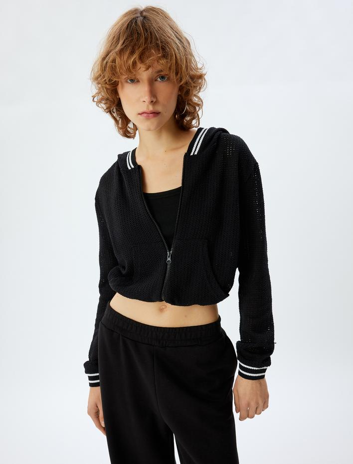  Crop Sweatshirt Fermuarlı Kapüşonlu Ajurlu Uzun Kollu Biyeli