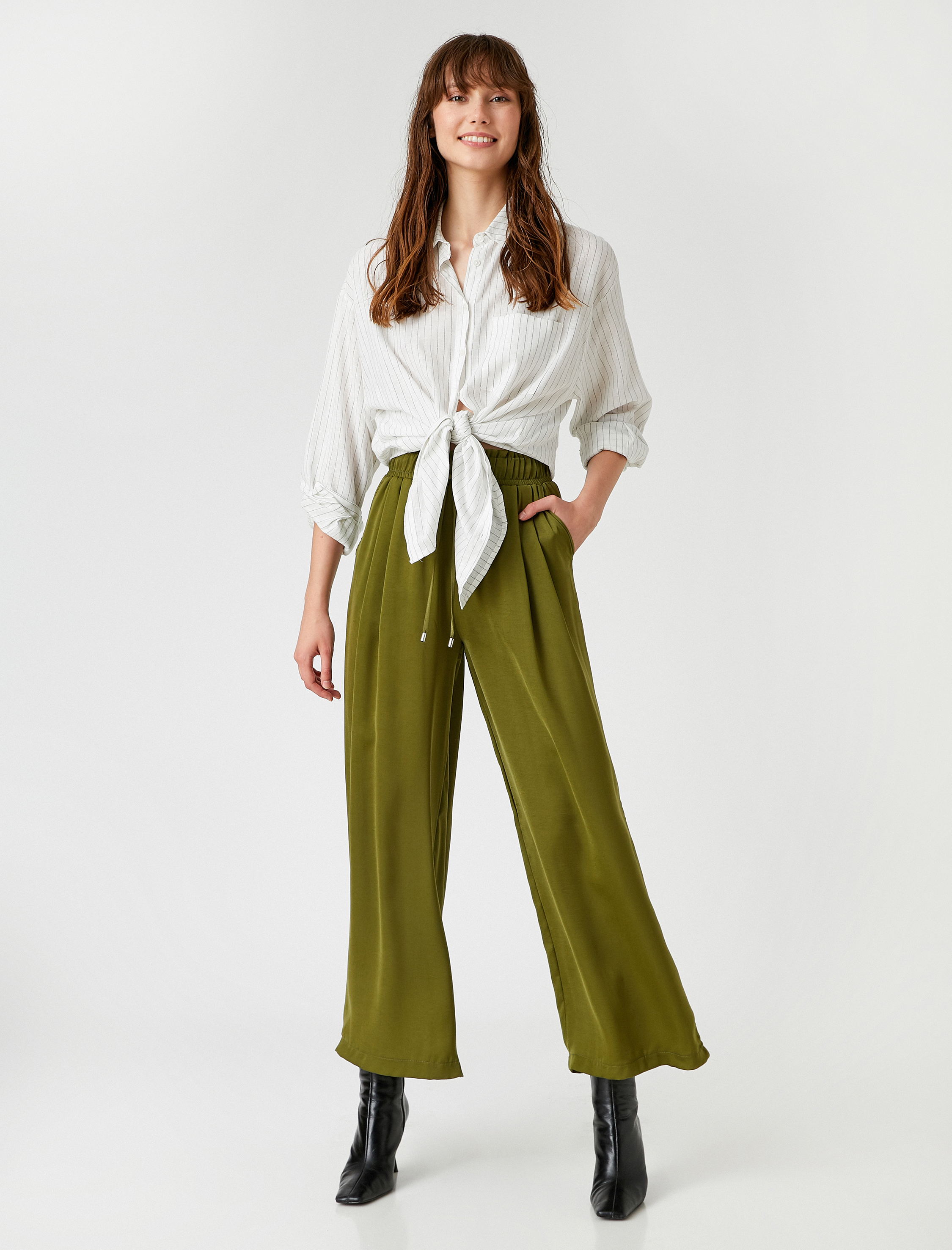   Dökümlü Pantolon Beli Lastikli Geniş Paça