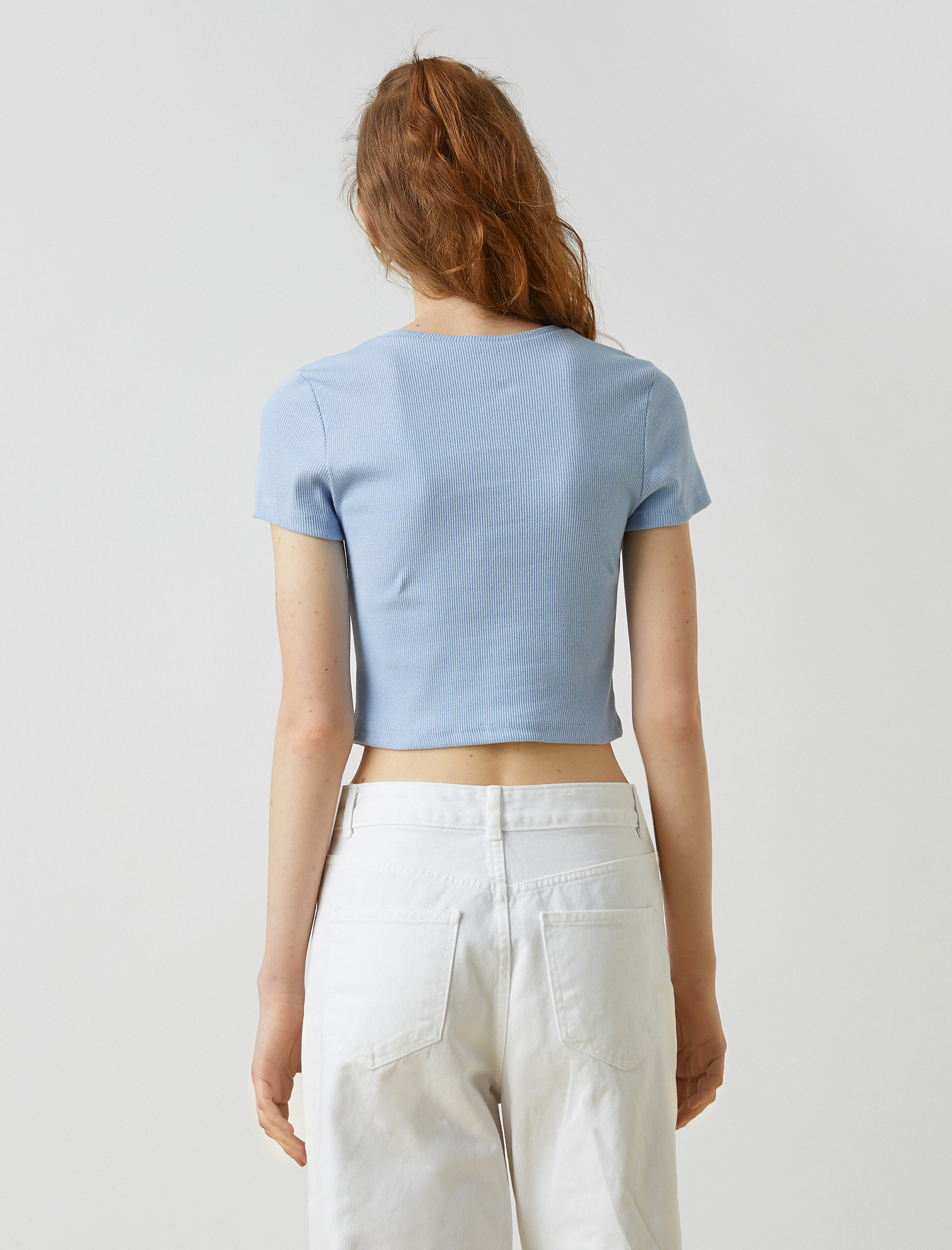 Mavi Crop Tişört Bisiklet Yakalı Baskılı Ribana 2SAL10084IK | Koton