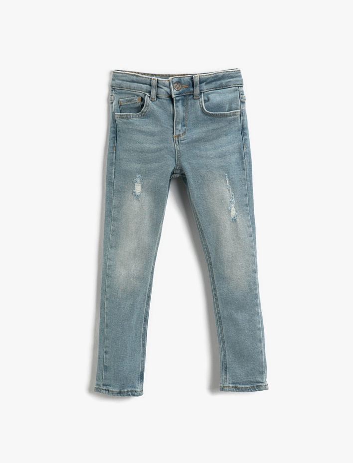 Erkek Çocuk Kot Pantolon Yıpratılmış Detaylı Pamuklu Cepli - Slim Jean