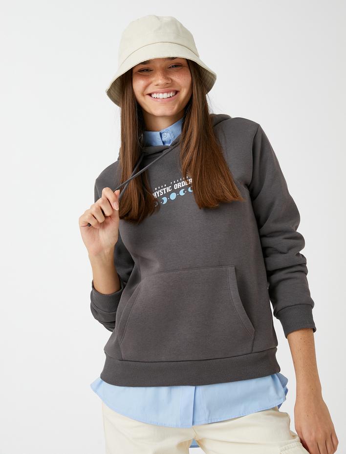  Baskılı Sweatshirt Kapüşonlu Kanguru Cepli İçi Polarlı
