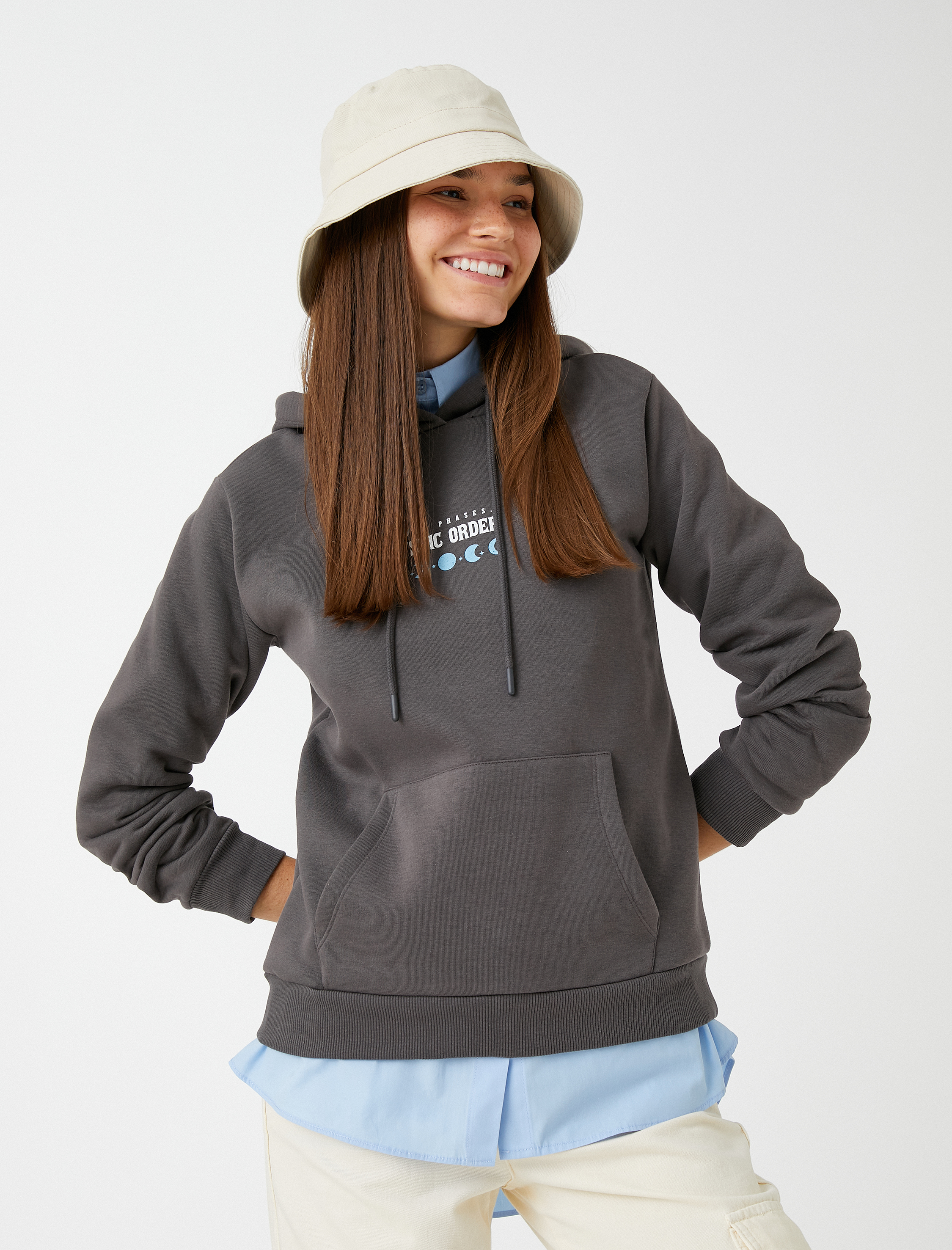   Baskılı Sweatshirt Kapüşonlu Kanguru Cepli İçi Polarlı