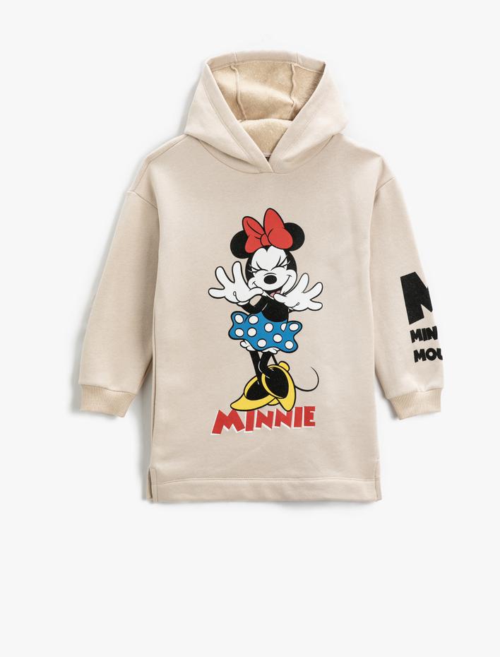 Kız Çocuk Sweat Elbise Minnie Mouse Baskılı Kapüşonlu Lisanslı Şardonlu