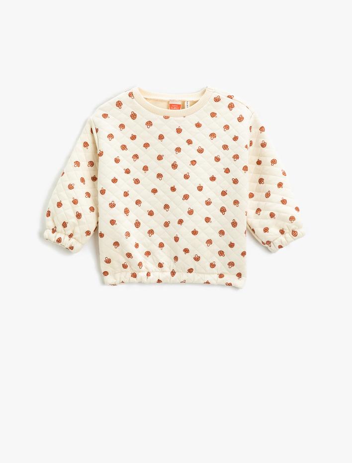 Kız Bebek Kapitone Sweatshirt Manşetleri ve Beli Lastikli Bisiklet Yaka Mantar Baskılı