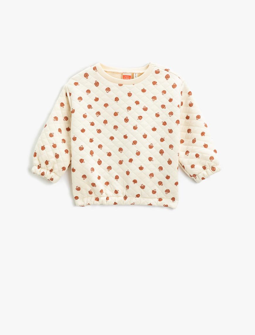  Kız Bebek Kapitone Sweatshirt Manşetleri ve Beli Lastikli Bisiklet Yaka Mantar Baskılı