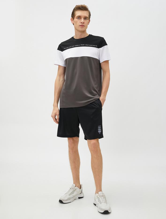  Spor Tişört Slogan Baskılı Renk Bloklu Bisiklet Yaka