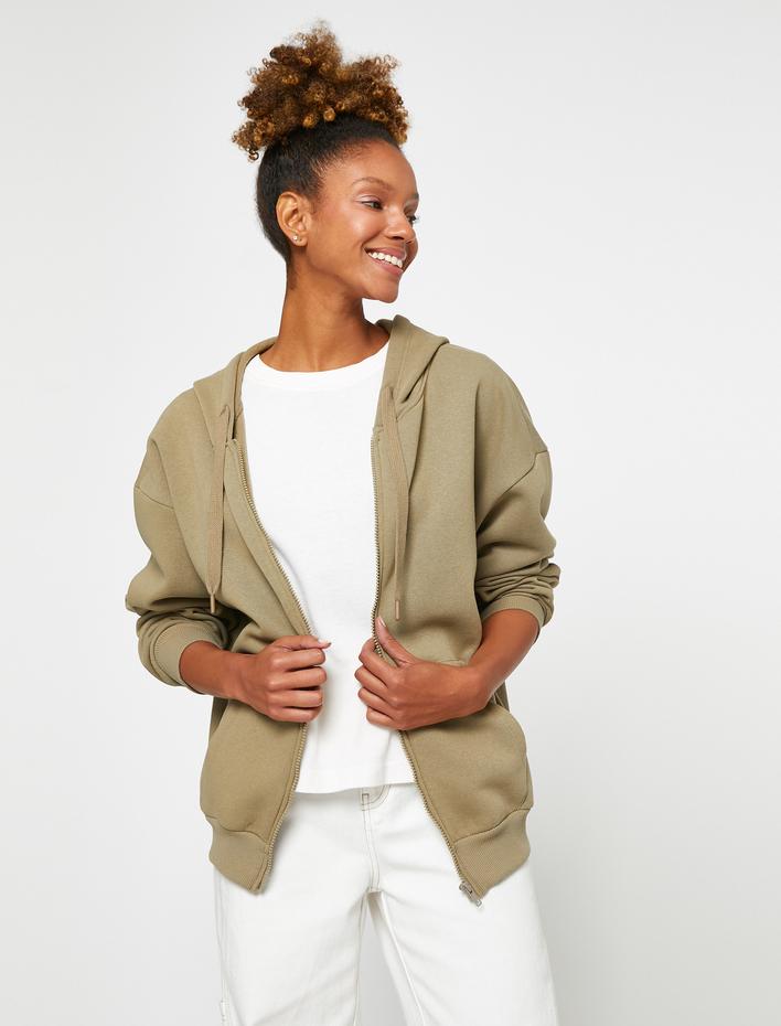  Fermuarlı Sweatshirt Kapüşonlu Cep Detaylı İçi Polarlı