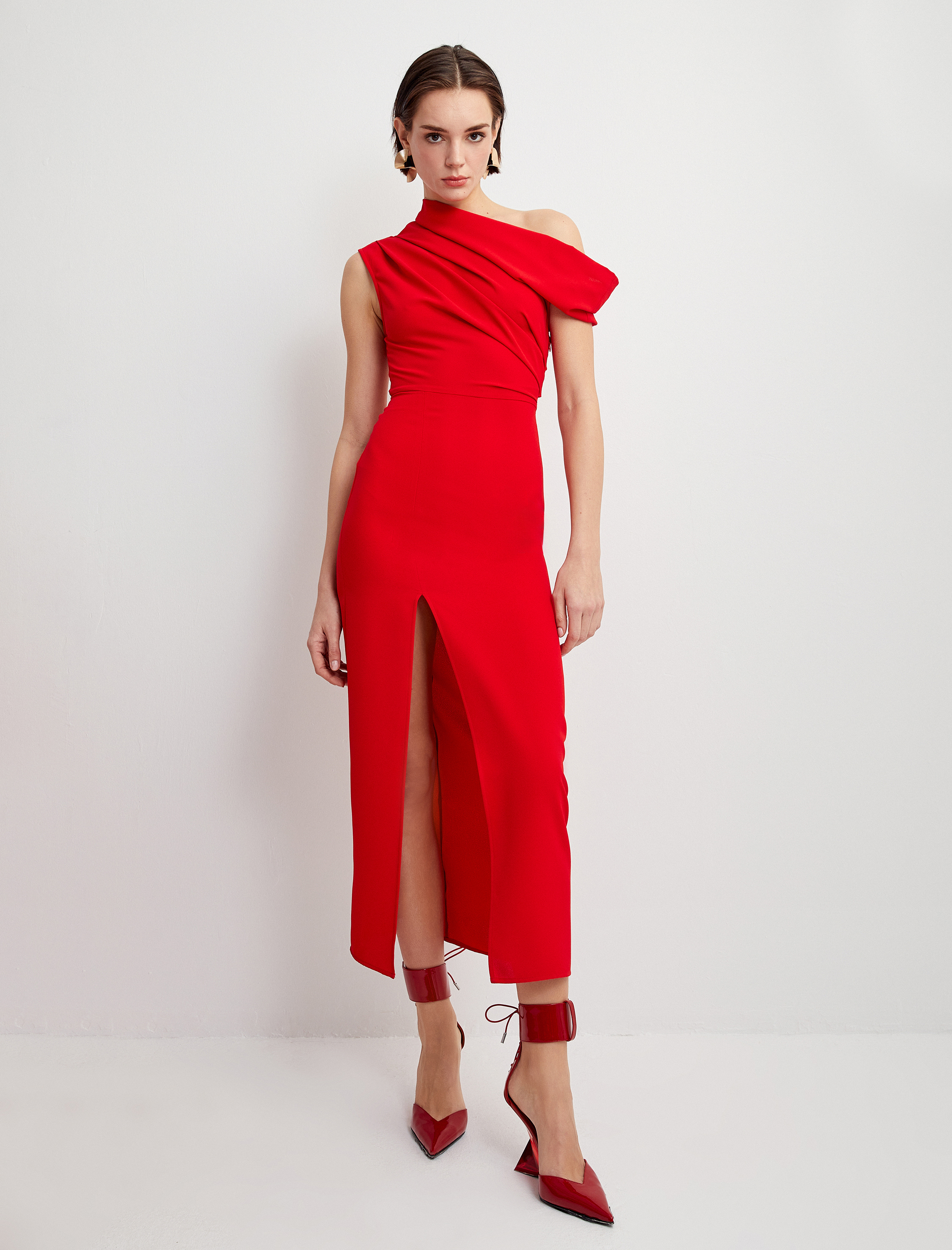   Tek Omuz Elbise Drapeli Midi Yırtmaçlı