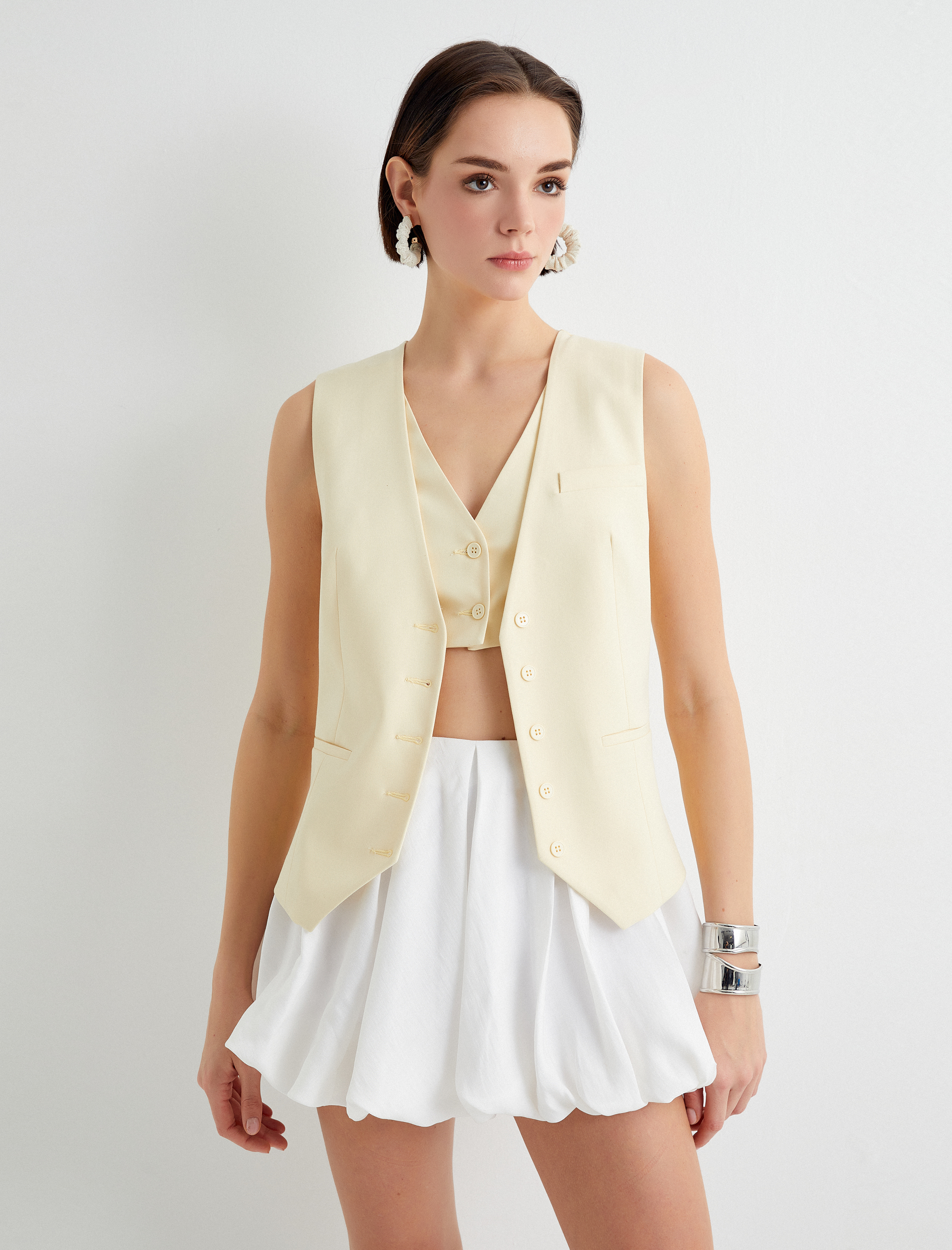 Blazer Yelek Çift Katmanlı Düğmeli Fleto Cepli