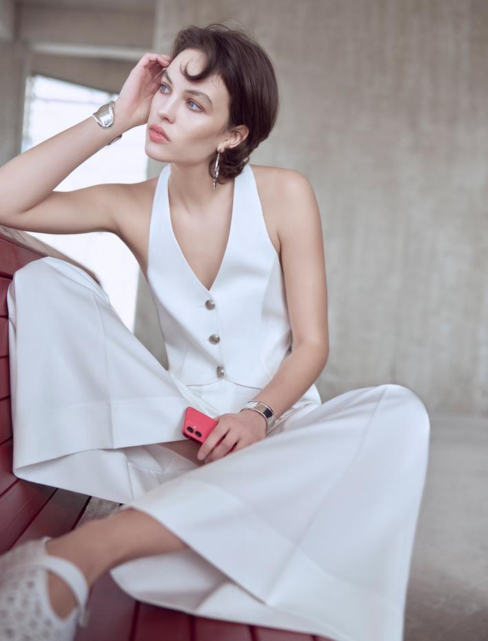  Crop Yelek Düğmeli V Yaka