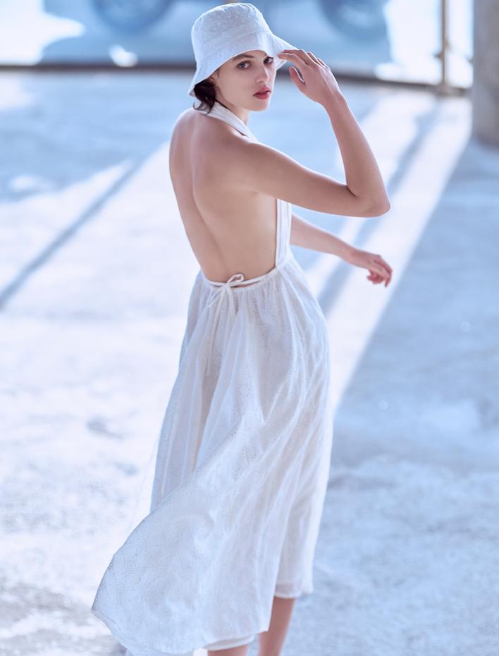  Halter Yaka Fisto Elbise Astarlı Midi Boy A Kesim